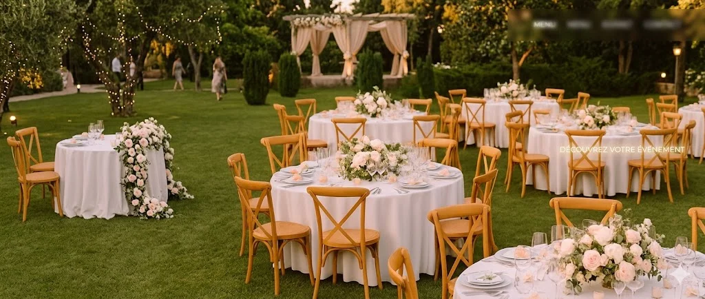 Tables rondes en extérieur pour un mariage champêtre